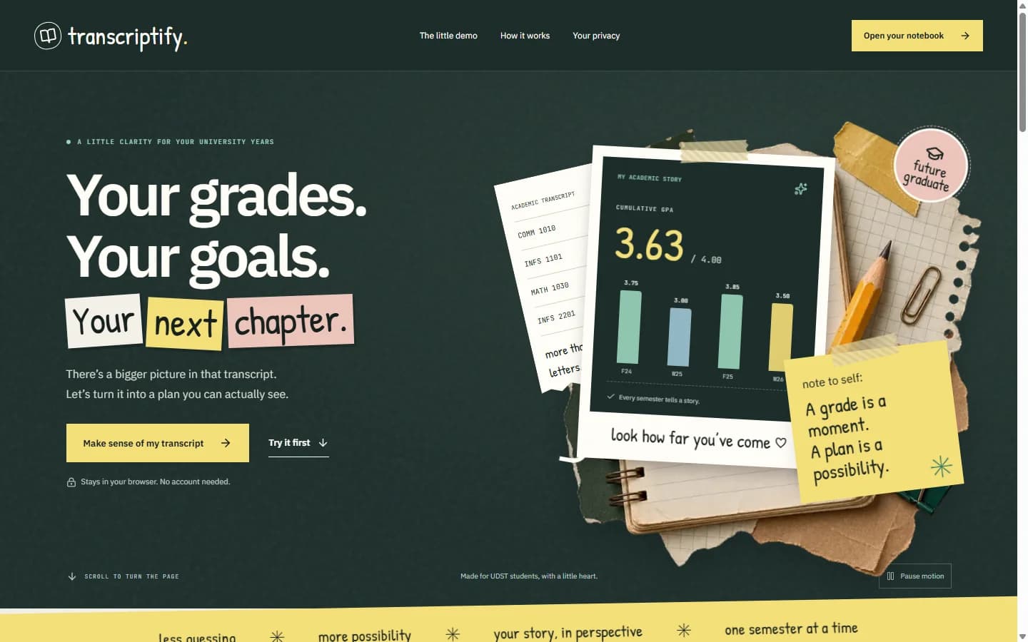 Transcriptify’s green notebook-inspired homepage: Your grades. Your goals. Your next chapter.